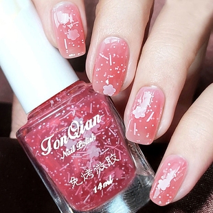 排排猪免烤快干指甲油不可撕拉小花蕊透明粉色亮片花朵美甲油家用