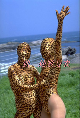 豹纹莱卡 丝光四面弹力头套长袖泳装 舞蹈表演服装 全包紧身衣