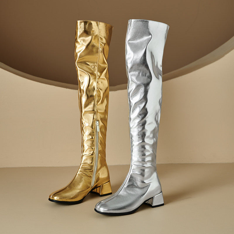 欧美外贸跳舞舞台表演走秀金色银色靴子粗跟高跟过膝长靴大码靴女