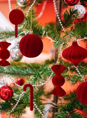 圣诞装饰品红色植绒球圣诞树挂饰糖果拐杖diy装饰挂件氛围道具