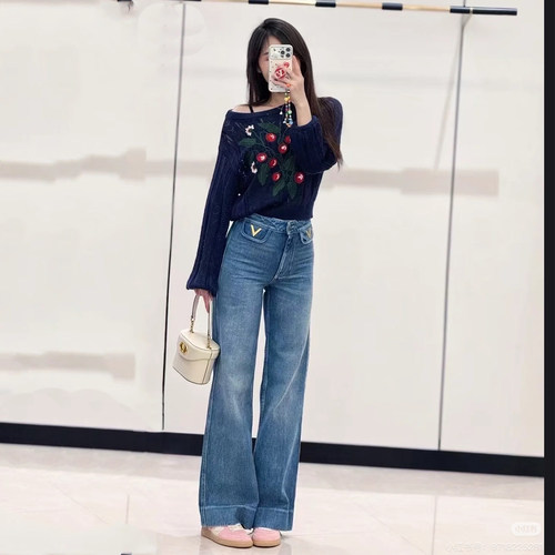 DPH NICE水洗浅蓝金属徽标阔腿牛仔裤高腰显瘦直筒九分裤女春季