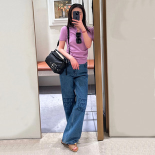 DPH NICE膝盖花朵刺绣阔腿牛仔裤女高腰显瘦设计感阔腿长裤春季