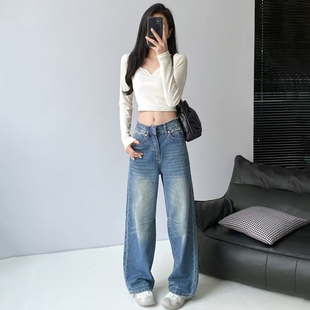 DPH NICE毛边腰头复古做旧阔腿牛仔裤女高腰显瘦高级感阔腿长裤秋