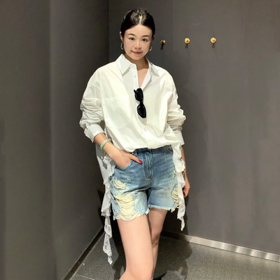 DPH NICE复古做旧珍珠链条牛仔短裤女夏季破洞流苏设计感直筒裤子