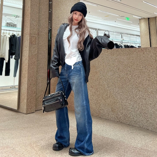 DPH NICE复古磨破泼墨做旧阔腿牛仔裤女高腰显瘦设计感小众直筒裤