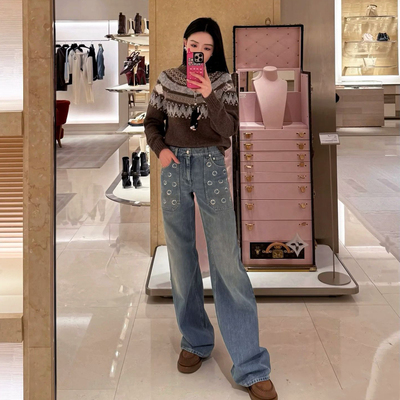 DPH NICE亮片工装口袋阔腿牛仔裤女高腰显瘦设计感直筒长裤早春新