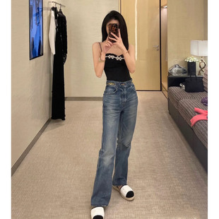DPH NICE凯旋门链扣直筒牛仔裤女秋季设计感小众高腰显瘦窄版长裤