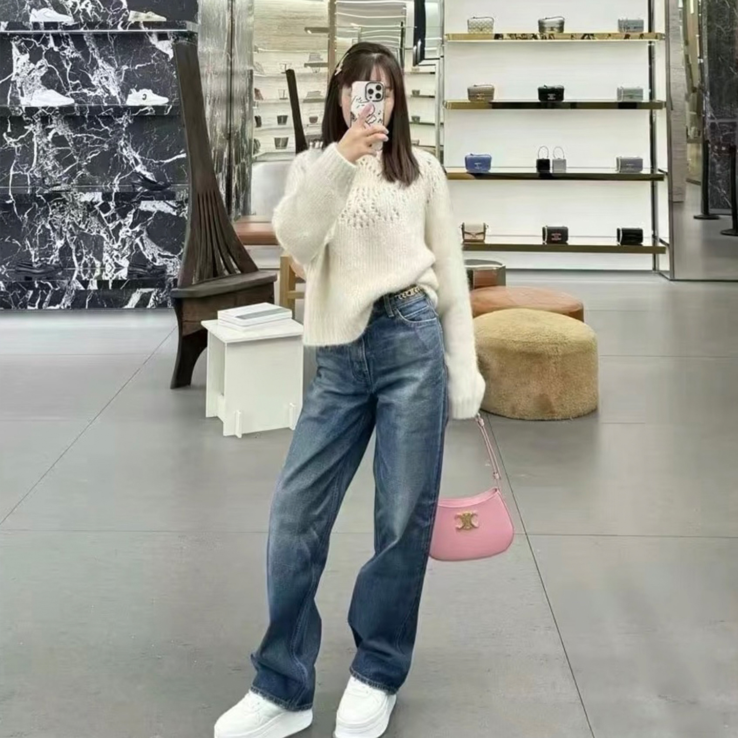 DPH NICE腰部链条直筒牛仔裤女秋季复古高腰显瘦设计感阔腿长裤