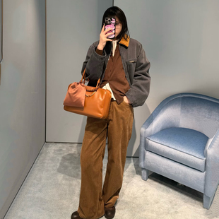 DPH NICE灯芯绒字母刺绣直筒牛仔裤女高腰显瘦通勤休闲阔腿长裤春