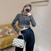 NICE黑白条纹圆领收腰针织开衫 女秋季 短款 DPH 露脐高级感长袖 上衣