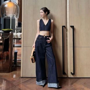 DPH NICE卷边内里提花阔腿牛仔裤女高腰显瘦设计感拖地直筒长裤秋