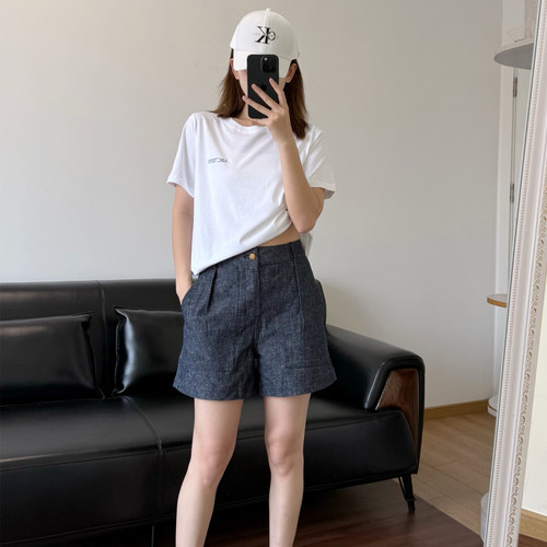 DPH NICE压褶腰头大口袋牛仔中裤女高腰显瘦遮胯高级感短裤五分裤