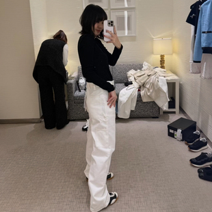 DPH NICE小香风拼接工装直筒牛仔裤女高腰显瘦高级感阔腿长裤春