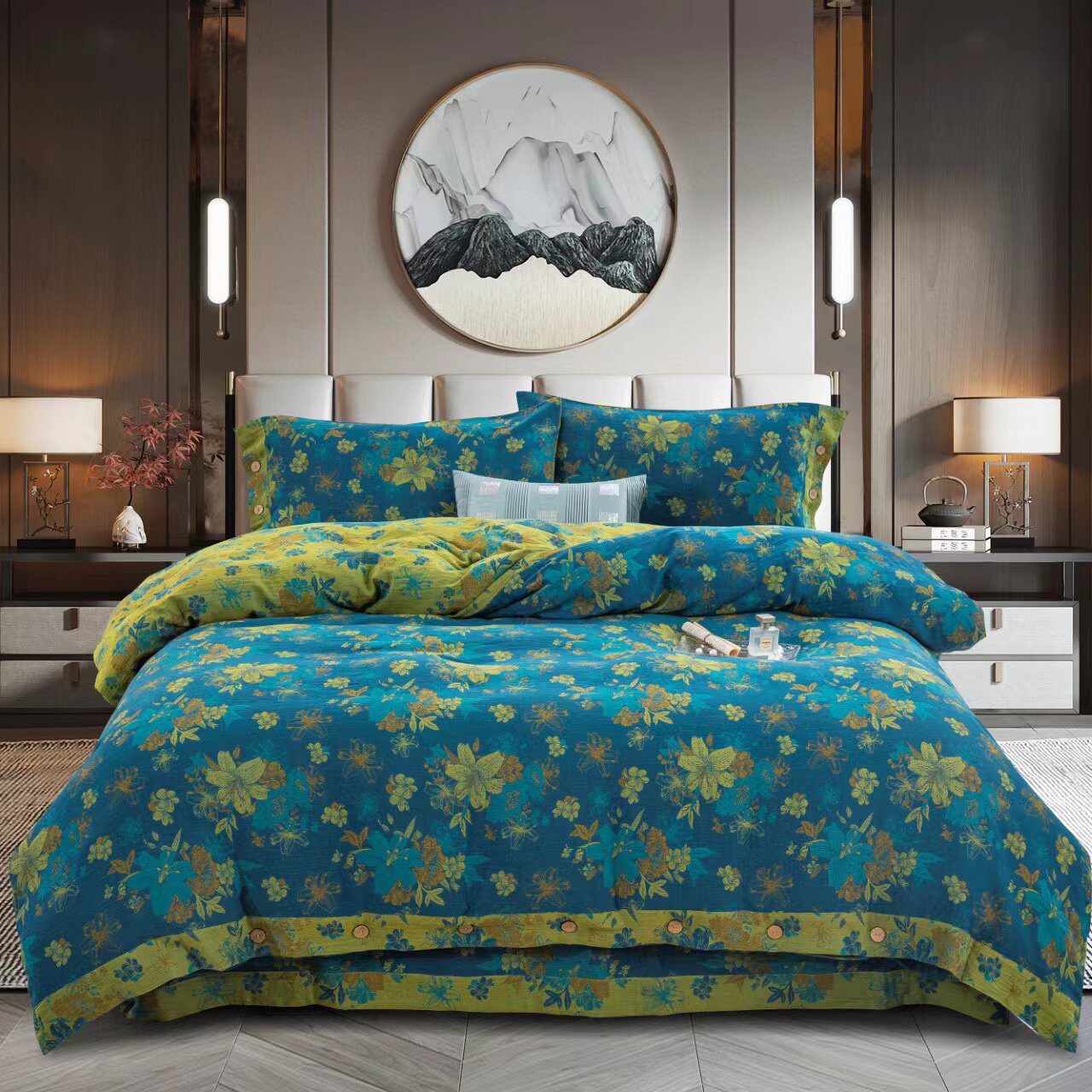 波西米亚全棉蓝色百合花双层纱四件套新中式田园纯棉纱布色织床品