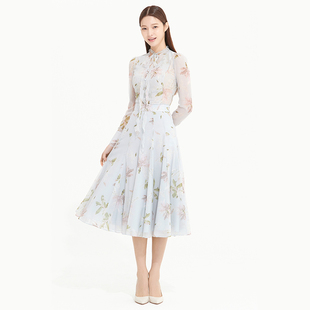 高端2026春新款设计师品牌真丝碎印花衬衣桑蚕丝中长款a字半身裙