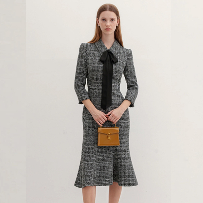 高端2025秋冬季新款潮流苏中长裙美人鱼尾粗花呢小香风连衣裙女