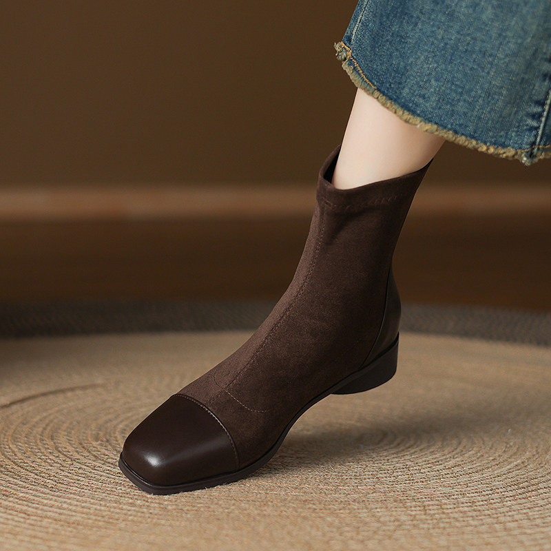 方头秋冬粗跟弹力靴短靴