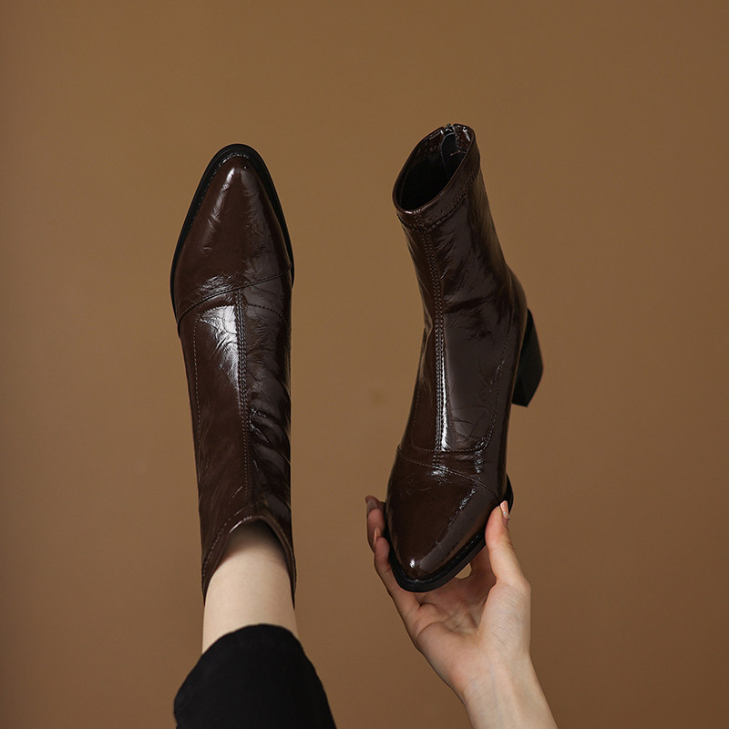 新款中跟棕色秋冬粗跟袜靴瘦瘦靴后拉链靴尖头短靴复古马丁靴女,女鞋,弹力靴/袜靴,淘宝优惠券,粉丝福利购,淘宝优惠卷