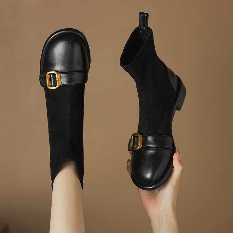 磨砂皮面拼接平跟短靴女春秋新款皮带扣复古圆头瘦瘦靴弹力绒面靴,女鞋,弹力靴/袜靴,淘宝优惠券,粉丝福利购,淘宝优惠卷