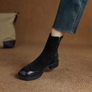 小香风瘦瘦靴炸街单靴中跟圆头马丁靴黑色小短靴大码 女靴子41一43