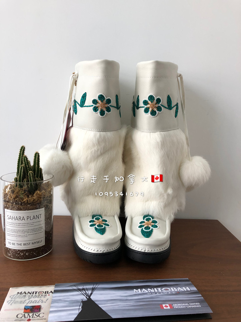 加拿大Manitobah巨暖手工花朵钉珠皮面防水兔毛多巴胺高筒雪地靴