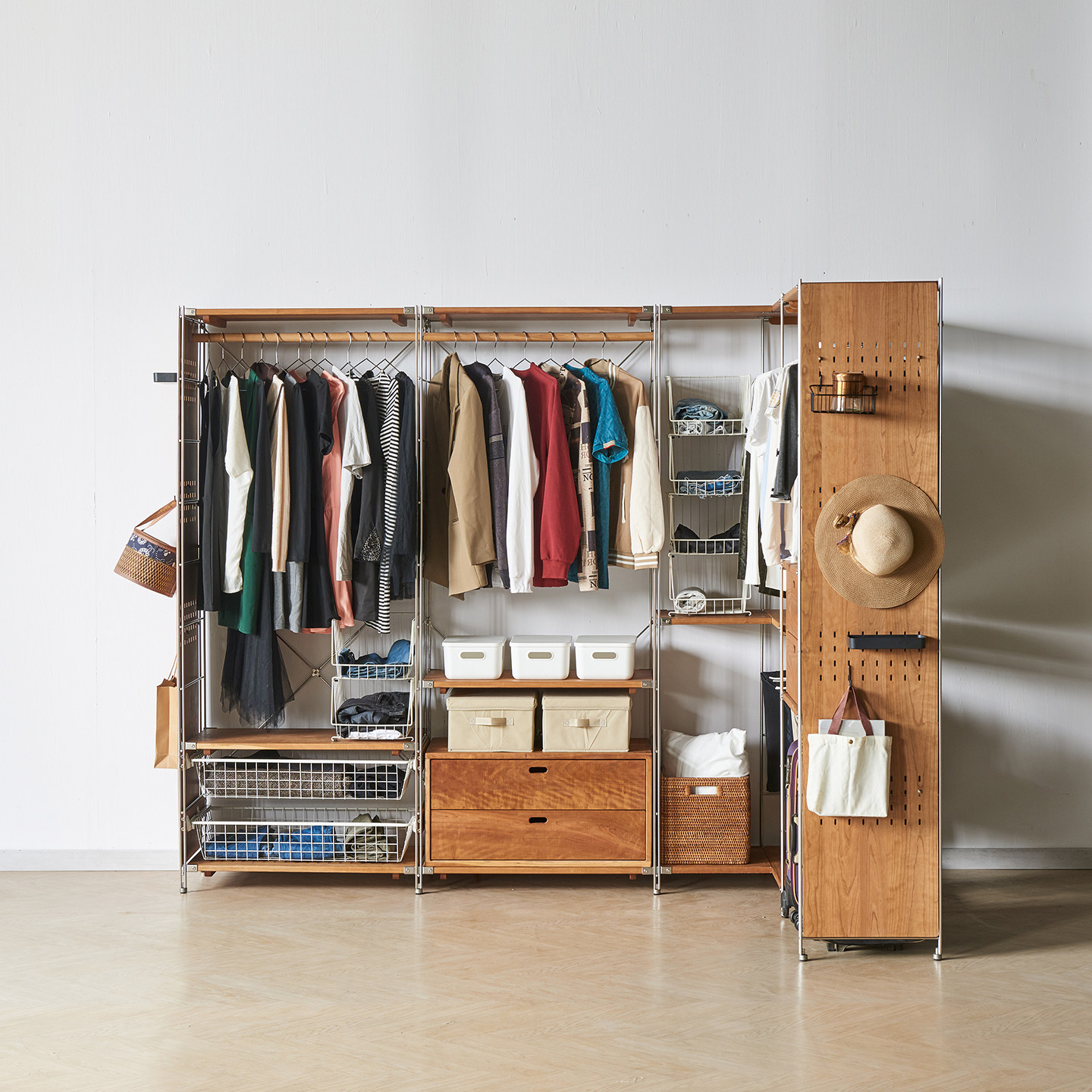 【52深】日式不锈钢樱桃木开放式衣帽架转角落地架晾衣架卧室衣柜