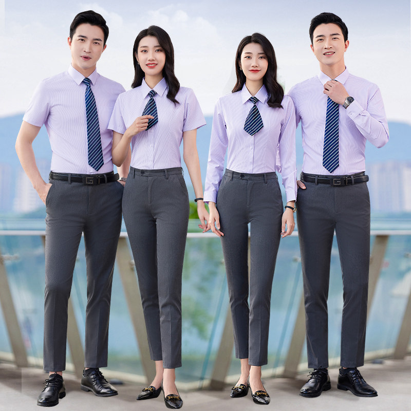 黑色竖条纹男女同款短袖衬衫职业工作服透气免烫商务工装定制LOGO
