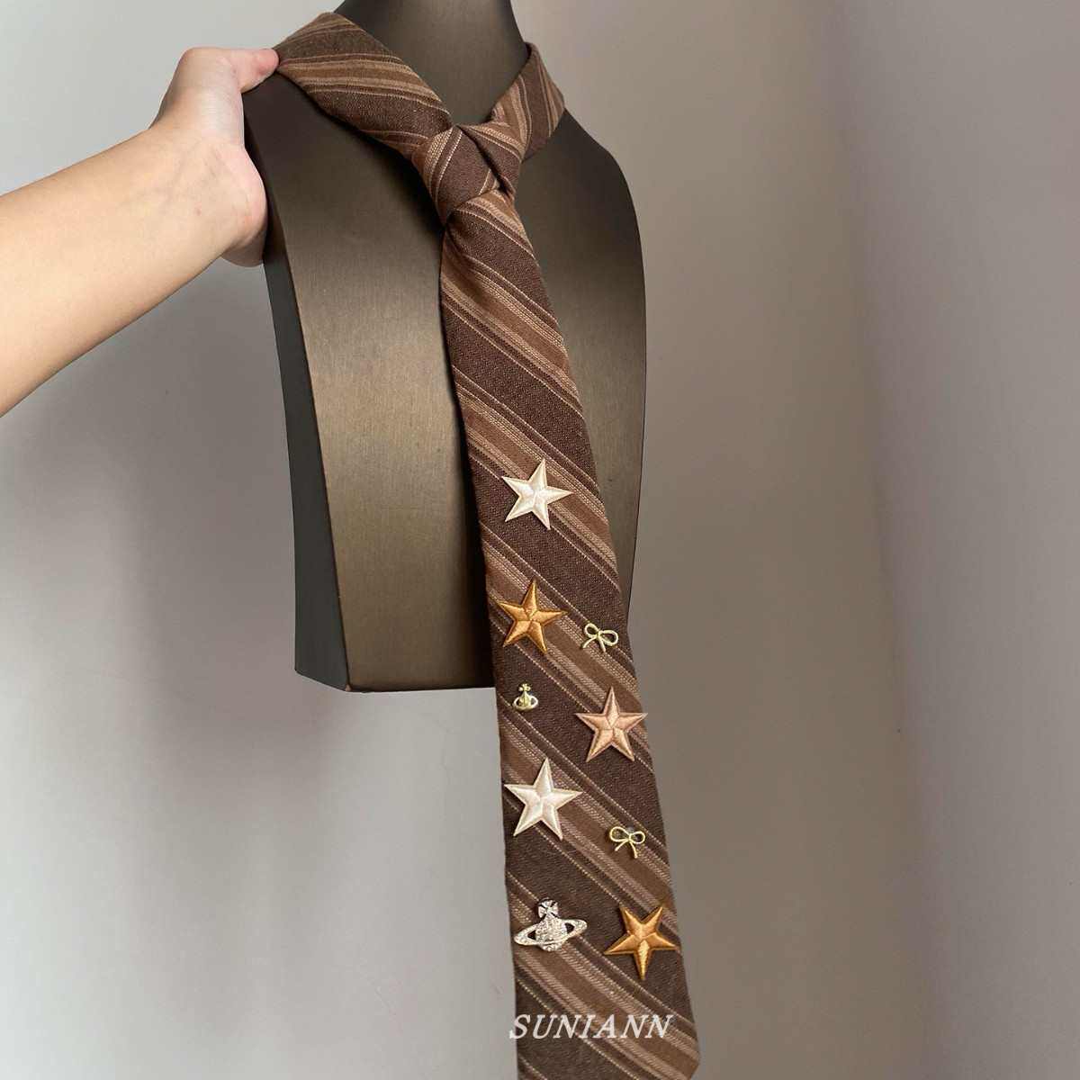 复古棕色条纹领带女学院风星星刺绣装饰时尚百搭衬衫制服配饰男潮