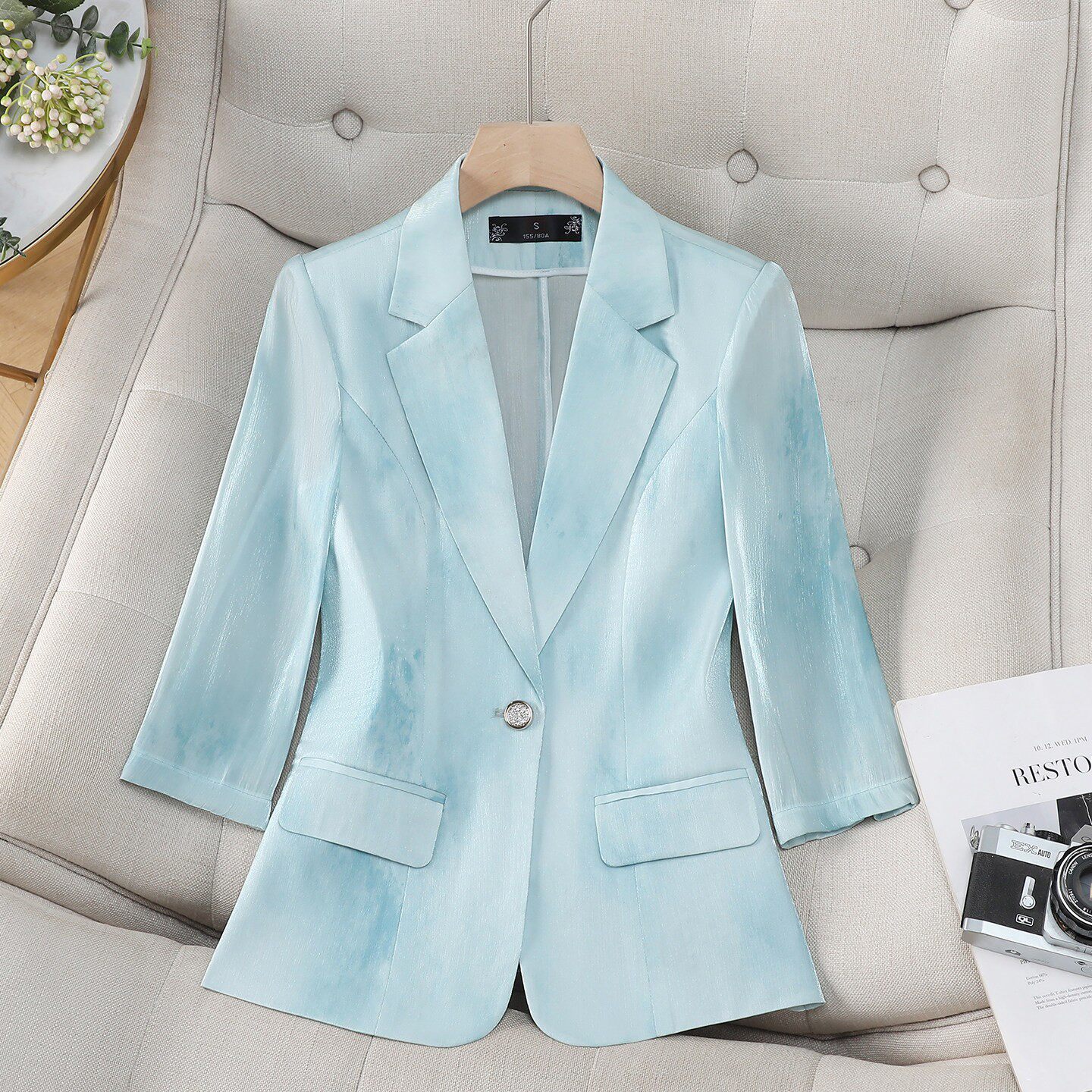 轻奢七分袖粉色西装外套女小个子薄款夏季女神气质女士西服上衣