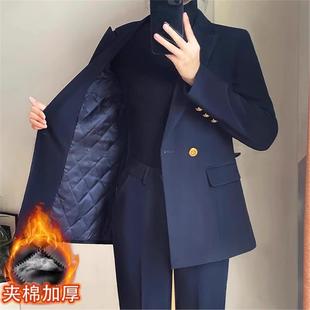 职业西装夹棉工作服外套正装秋冬季双排扣加厚保暖厚款职场套装女