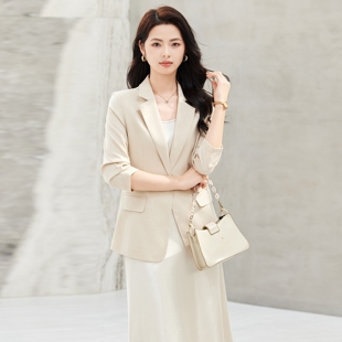 轻奢米色春夏薄款七分袖小西装外套女休闲短款收腰垂感连衣裙套装