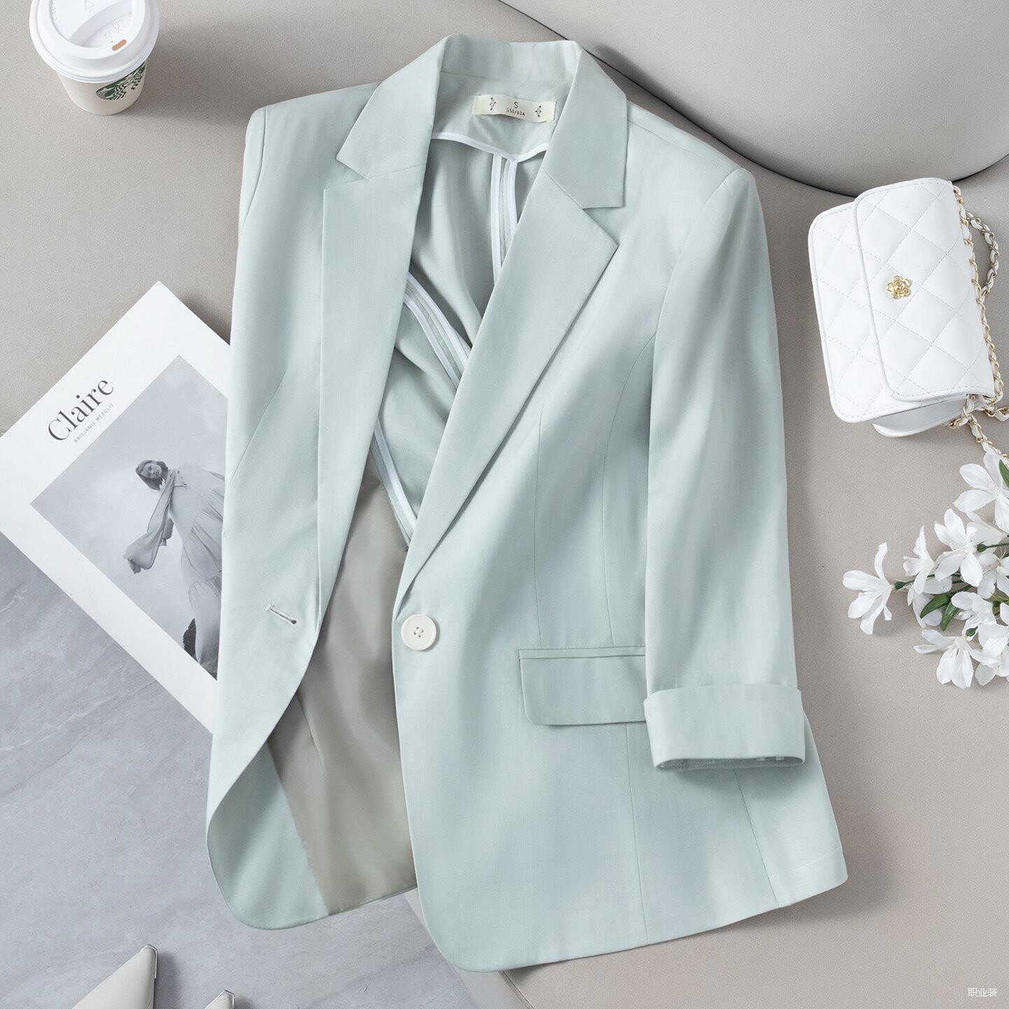 轻奢天丝薄款小西装外套女夏季七分袖小个子休闲绿色女神气质上衣