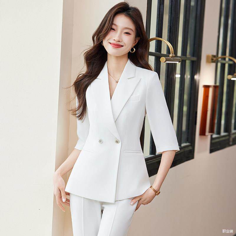 白色西装套装女夏薄款气质女神修身通勤职业正装工作服七分袖西服