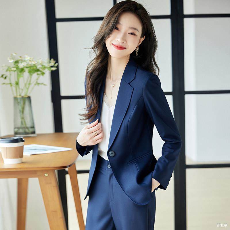 藏青色西装套装女春秋季九分裤上班高级感正肩气质小个子西服外套
