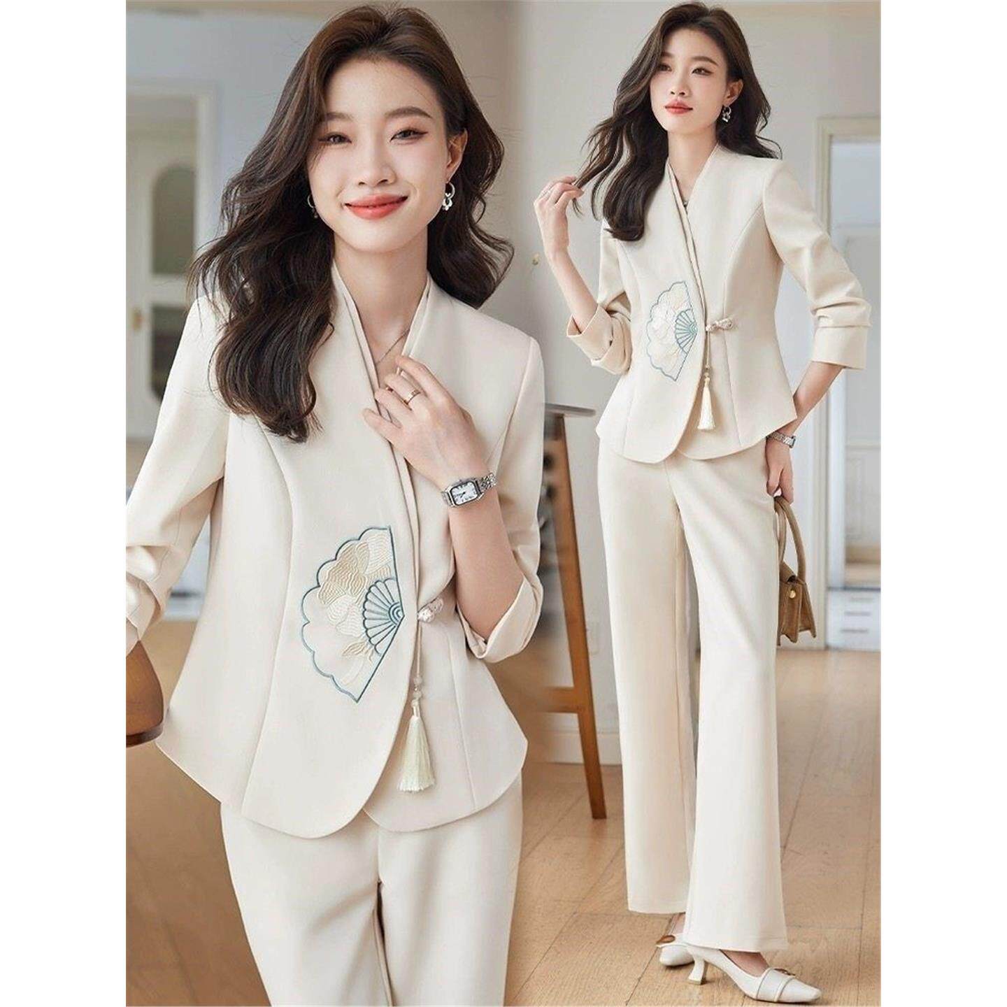 轻馆通勤新通勤美容院高端刺绣套国风养生女套装工作服美容师中式