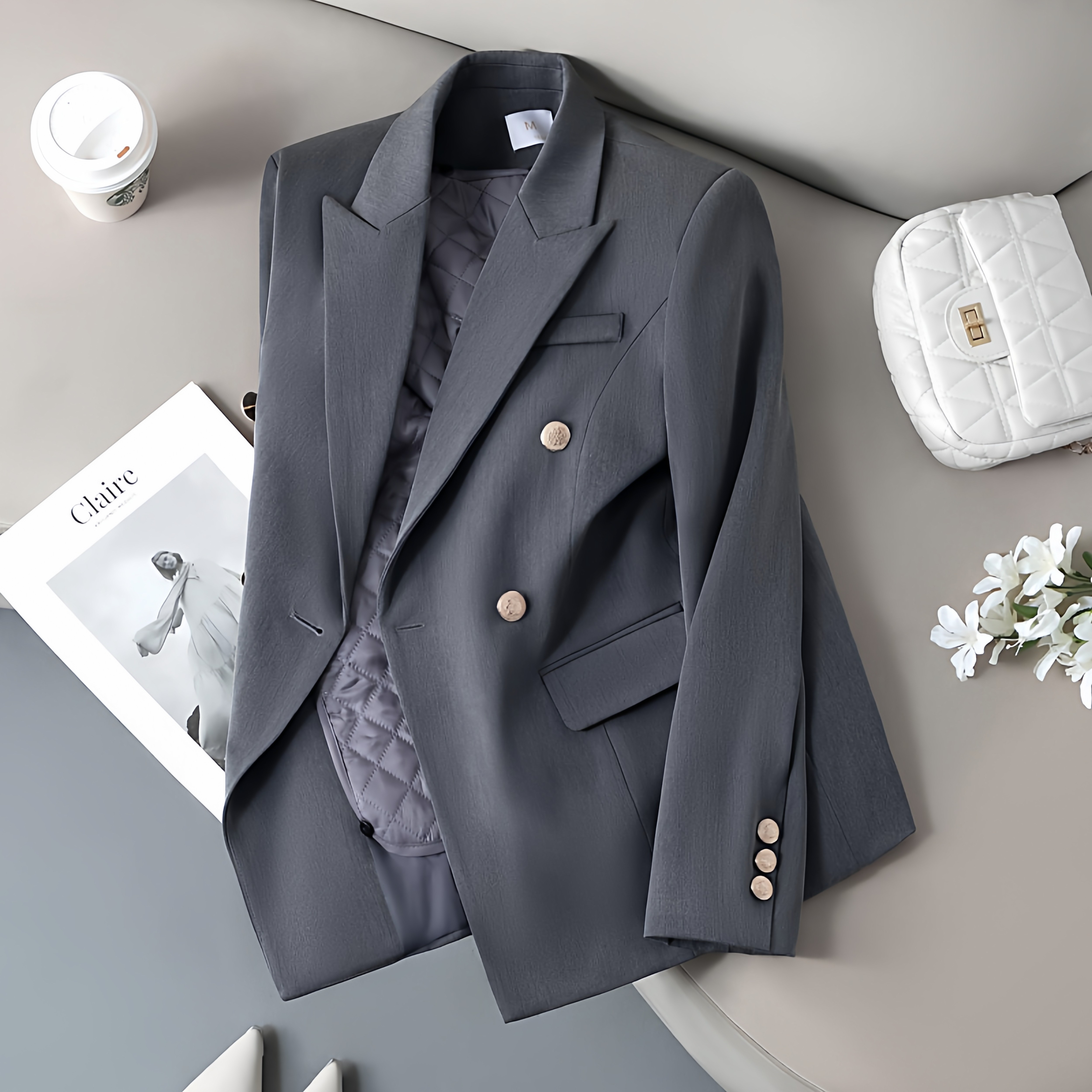 西装面试高级女神保暖加厚套装秋冬夹棉灰色双排扣正装女职业外套