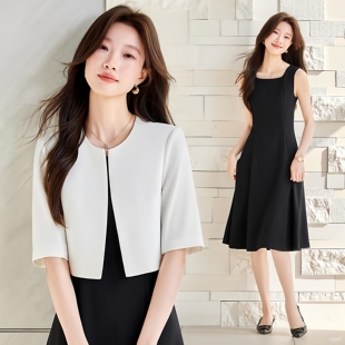 短袖西装短外套女神夏职业时尚气质小个子小黑裙白色连衣裙两件套