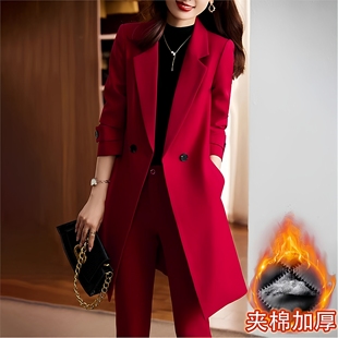 套装高级红色风衣外套中长款夹棉加厚职业装女本命年秋冬年会西装