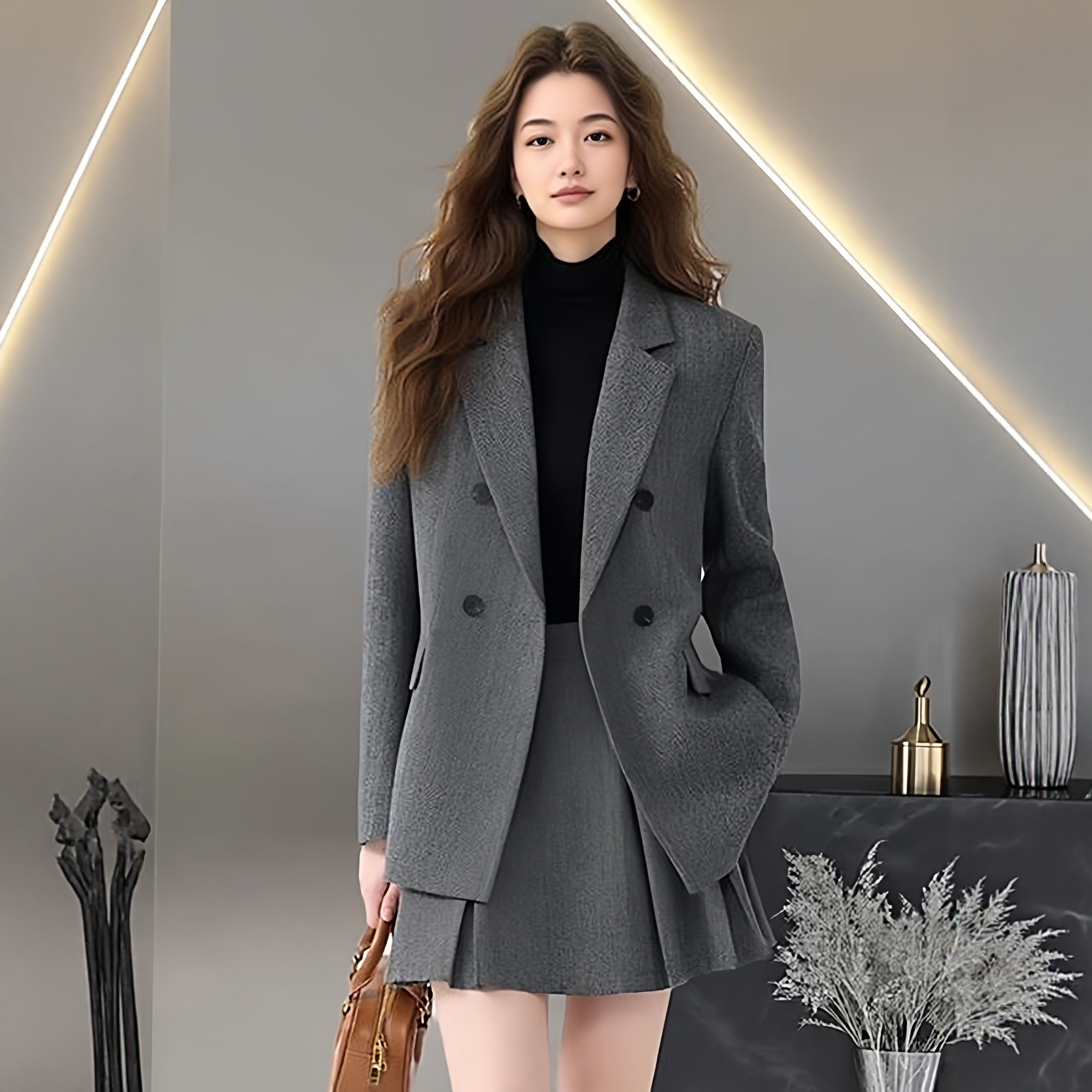 灰色西装外套女春秋休闲高级感小个子双排扣职场学院百褶裙子套装