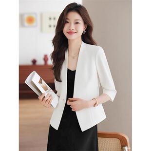 白色小西装外套女春薄款气质小个子七分袖短款无领两件套工作服