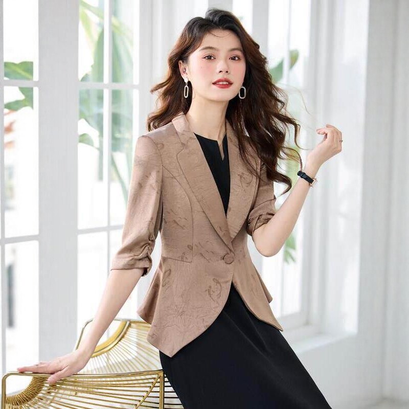 轻奢小西装外套女春夏天薄款醋酸缎面盐系轻熟风连衣裙两件套裙子