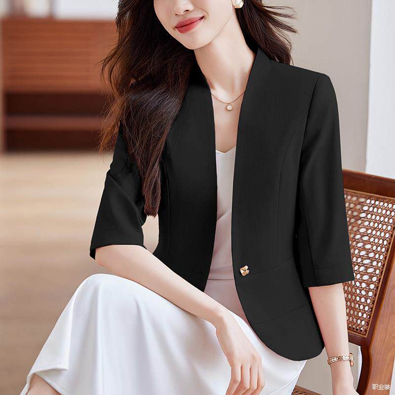 黑色无领西装外套女春夏上班纯色修身连衣裙两件套气质七分袖薄款