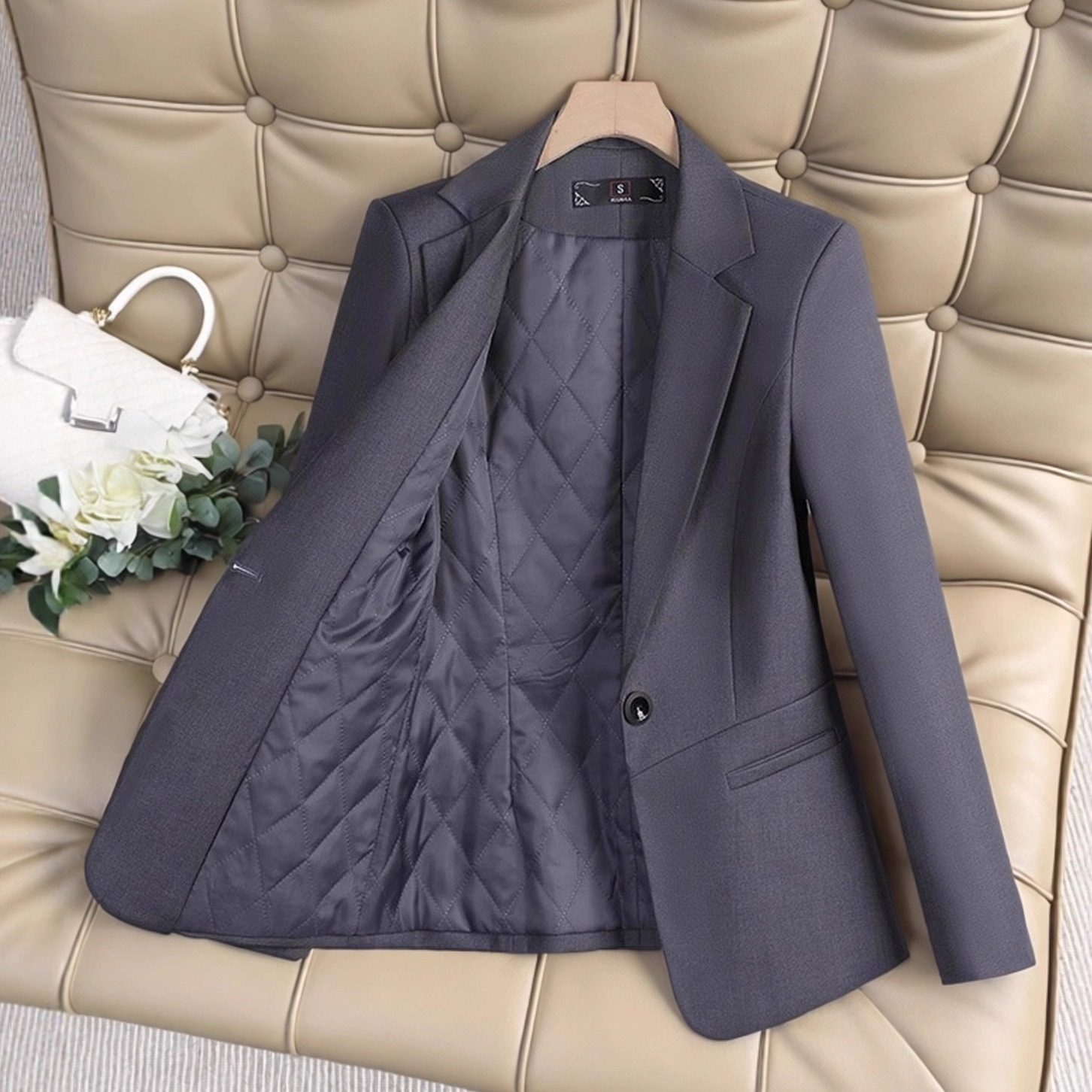 西服套装ol秋冬夹棉女新款通勤灰色外套正装西装高端职业加厚接待