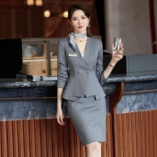 高端西装套装前台接待美容院酒店女V领灰色秋冬天职业气质工作服