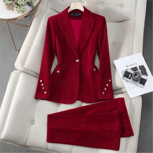 西服红色灯芯绒西装冬季女套装加厚款新年女神气质外套年会职业装