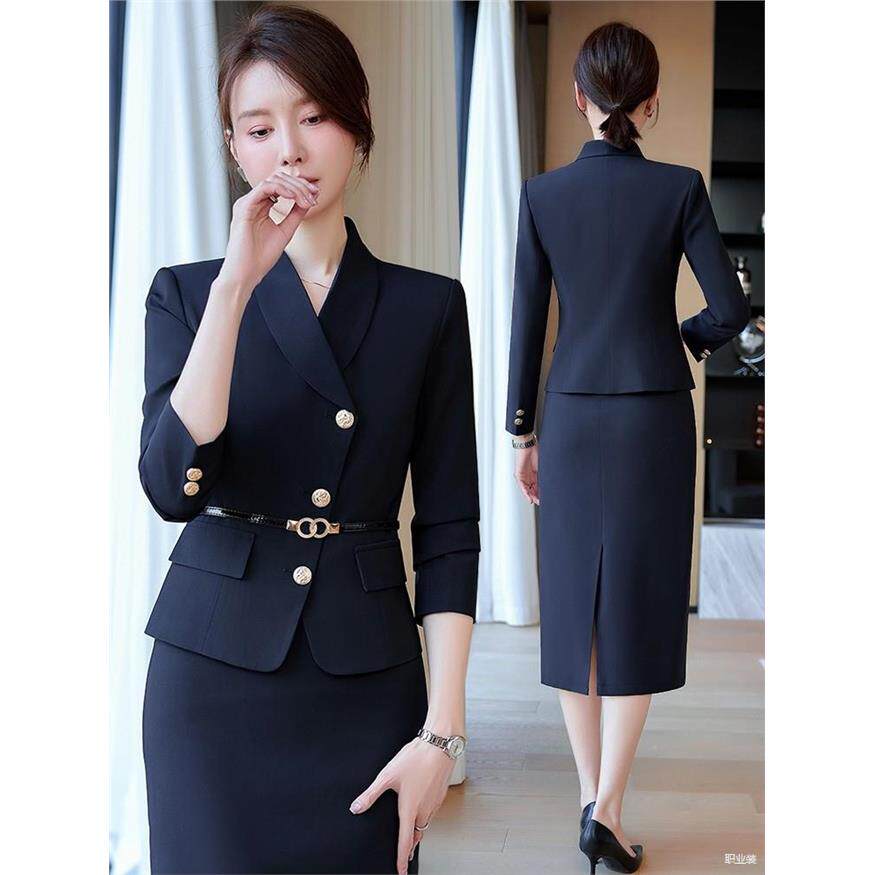 蓝色西装套装女春秋装气质小香风职业西服半身裙两件套装遮肉显瘦