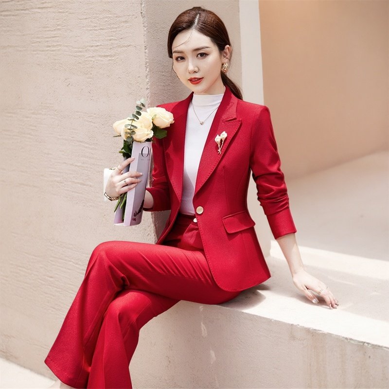 外套职业西装高级会务年会大红色秋冬气质休闲时尚套装女正装西服