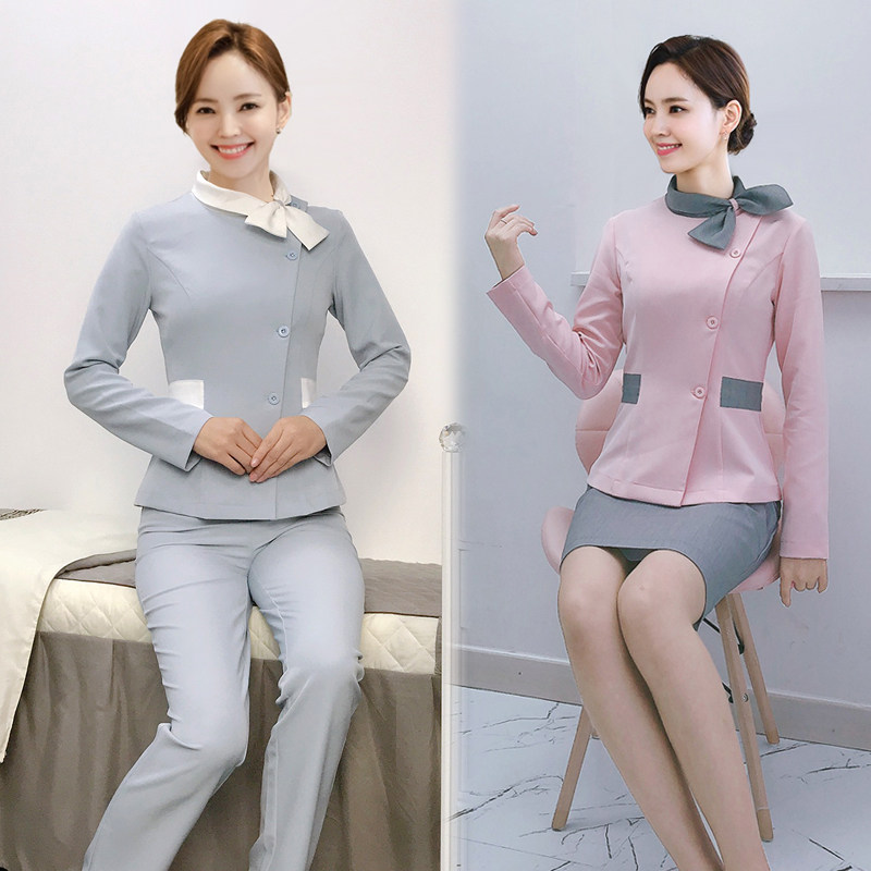新款韩版美容师工作服女技师修身显瘦医护套装养生馆足疗会所长裤