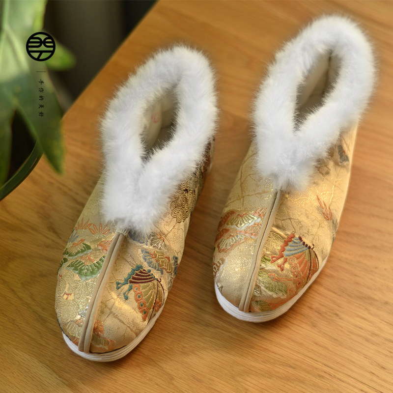 秋冬新品手工千层底保暖棉花棉靴女蝴蝶织锦缎提花中式古风棉鞋,女鞋,传统布鞋,淘宝优惠券,粉丝福利购,淘宝优惠卷