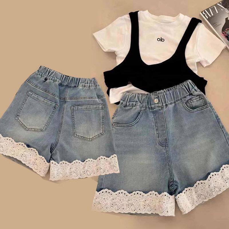 网红洋气蕾丝花边牛仔裤女童夏季轻薄时尚短裤中大童韩版宽松裤子